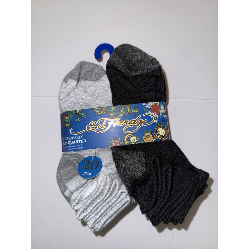 Ed Hardy Boys 20 Pack Quarter Socks Kids Black White Gray Moisture Wicking NWT